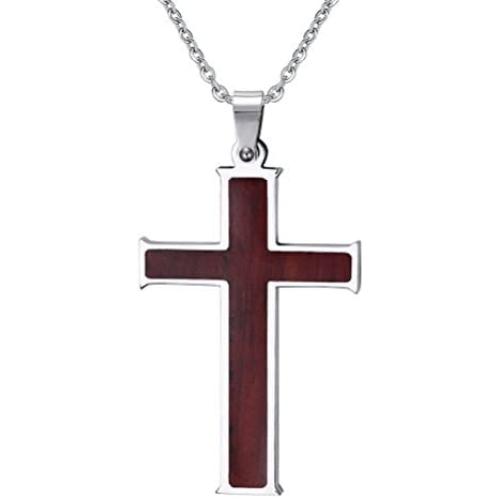 Stainless Steel Wood Cross Necklace Pendant for Mens Christian Jesus Lord Prayer with Chain,Silver