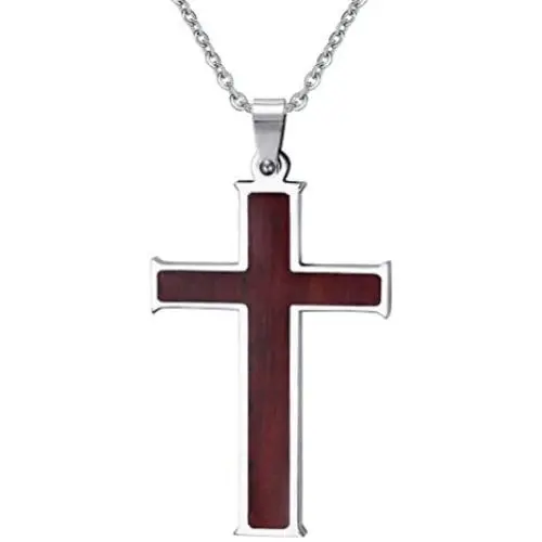 Stainless Steel Wood Cross Necklace Pendant for Mens Christian Jesus Lord Prayer with Chain,Silver