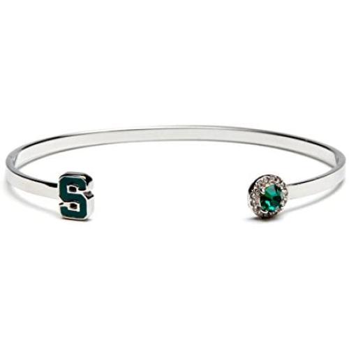 Michigan State Bracelet | Michigan State Block S with Green Crystal Bangle Bracelet | Officially Licensed Michigan State University Jewelry | Michigan State Gifts | MSU Bracelet | Stainless Steel