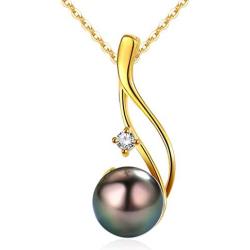 CHAULRI Authentic South Sea Tahitian Black Pearl Pendant Necklace 9-10mm Round 18K Gold Plated 925 Sterling Silver - Jewelry Gifts for Women Wife Mom Daughter