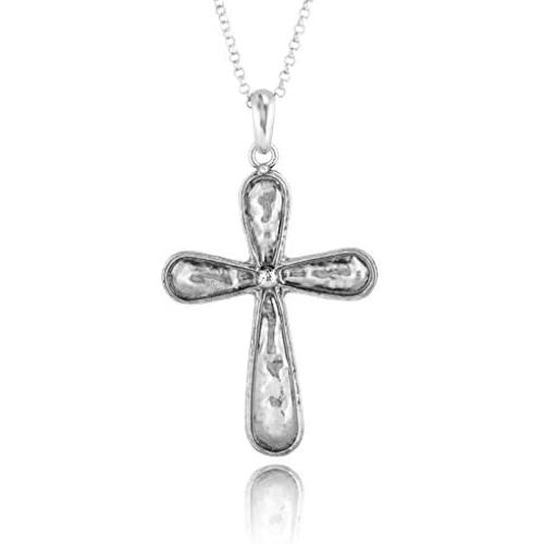 PZ Paz Creations 925 Sterling Silver Hammered Cross Pendant Necklace