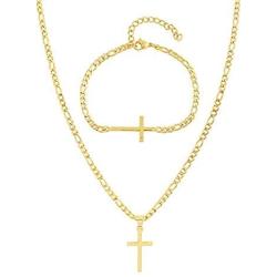 EDFORCE Stainless Steel Womens Mens 20 inch Figaro Link Chain Cross Necklace and Matching Bracelet, 20''