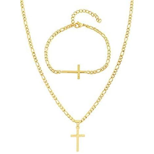 EDFORCE Stainless Steel Womens Mens 20 inch Figaro Link Chain Cross Necklace and Matching Bracelet, 20''