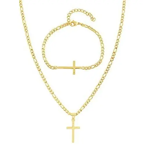 EDFORCE Stainless Steel Womens Mens 20 inch Figaro Link Chain Cross Necklace and Matching Bracelet, 20'' EDFORCE Stainless Steel Womens Mens 20 inch Figaro Link Chain Cross Necklace and Matching Bracelet, 20''