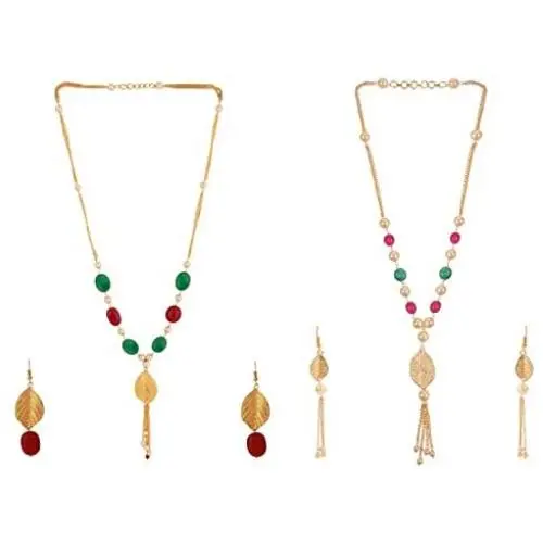 Efulgenz Indian 14 K Gold Plated Red Green Faux Ruby Emerald Pearl Beads Strand Neckalce Earrings Set Fashion Costume Jewelry