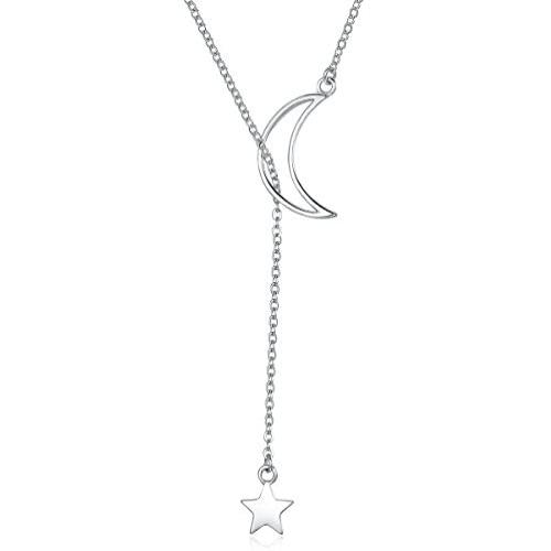 Lariat Y Necklace Crescent Moon Star 925 Sterling Silver for Women Girls Teens Dainty Layered Long Chain Pendant Personalist Jewelry Best Friend Gifts