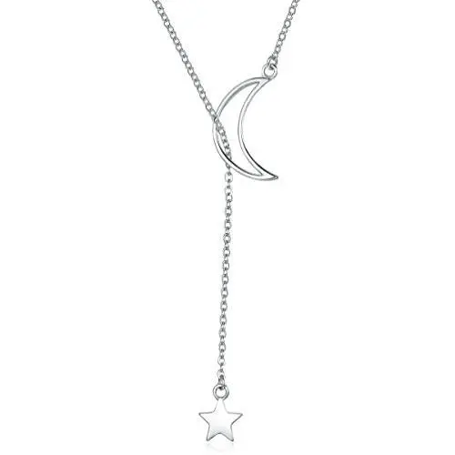 Lariat Y Necklace Crescent Moon Star 925 Sterling Silver for Women Girls Teens Dainty Layered Long Chain Pendant Personalist Jewelry Best Friend Gifts