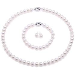 JYX Freshwater Pearl Necklace Set 11-12mm White Pearl Necklace Bracelet and Earrings Jewelry Set