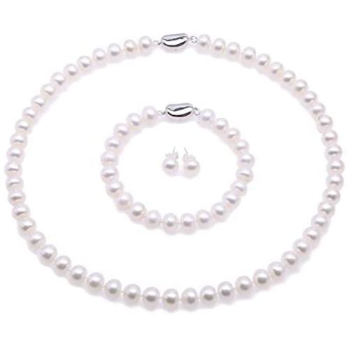 JYX Freshwater Pearl Necklace Set 11-12mm White Pearl Necklace Bracelet and Earrings Jewelry Set