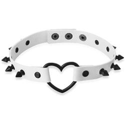 FM FM42 Multicolor Simulated Leather PU Black-Tone/Silver-Tone Heart Ring Rivet Spiked Necklace Neckband Choker