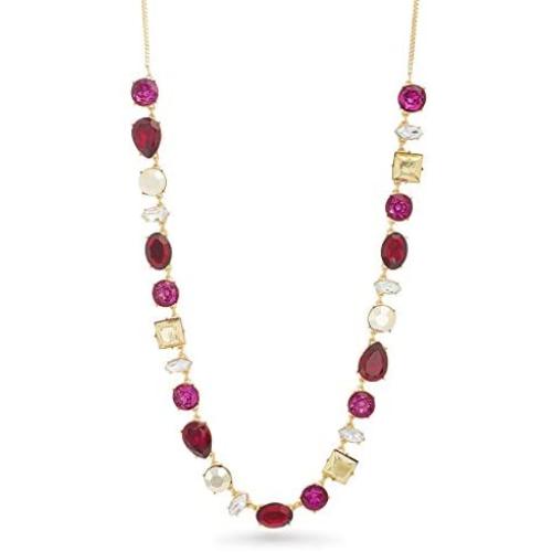 CATHERINE MALANDRINO Yellow Gold-Tone Statement Red Rhinestone Station Box Chain Slider Necklace for Women
