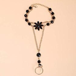 Chicque Boho Hand Chain Gold Rhinestone Finger Ring Black Flower Hand Bracelet Hand Jewelry for Women and Girls