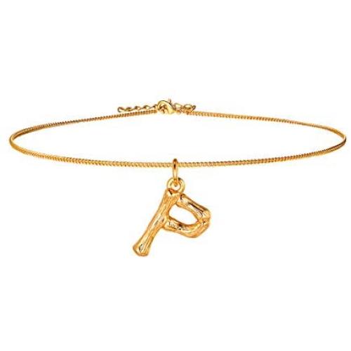 FOCALOOK Small Bamboo Initial Letter Pendant Necklace 18K Gold Plated Choker Necklaces for Women 14-16 Inch Adjustable
