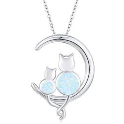 Cat Necklace, THRISHULA Sterling Silver Sitting Cats on The Crescent Moon Pendant Necklace Birthstone Opal Accent for Women Girls Girlfriend Teens Children 18+2 Extender