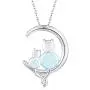 Cat Necklace, THRISHULA Sterling Silver Sitting Cats on The Crescent Moon Pendant Necklace Birthstone Opal Accent for Women Girls Girlfriend Teens Children 18+2 Extender