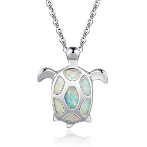 FANCIME October Birthstone 925 Sterling Silver Sea Turtle Necklace/Stud Earrings Created Blue/White Fire Opal Pendant Fine Jewelry for Women