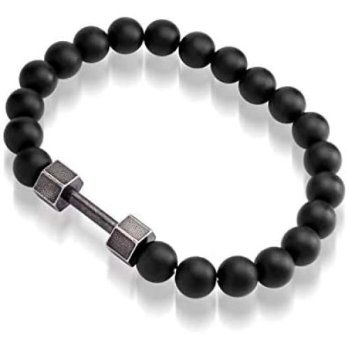 555Jewelry Stainless Steel Stretch Barbell Gym Anxiety Beaded Bracelet for Men & Women