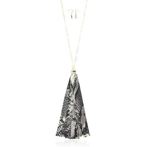 RIAH FASHION Bohemian Tassel Statement Necklace - Lightweight Plaid Fabric, Faux Suede Fringe Long Bead Chain