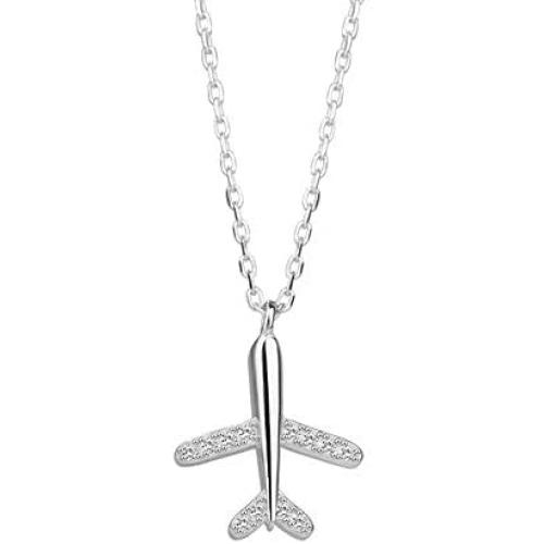 Tiny Crystal Airplane Pendant Necklace for Women Teen Girls Kids 925 Sterling Silver 18K White Gold Plated Huggie Diamond Plane Free Fly Wings Drop Choker Y Necklace Chain Lightweight Fashion Jewelry