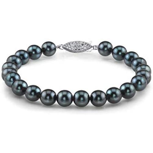 THE PEARL SOURCE 14K Gold 6-6.5mm Round Black Japanese Akoya Saltwater Cultured Pearl Bracelet for Women