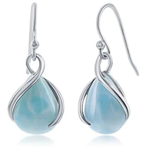 Natural Larimar Gemstone Pear-shaped Sterling Silver Twist Dangling Earrings Jewelry for Women or Teens Natural Larimar Gemstone Pear-shaped Sterling Silver Twist Dangling Earrings Jewelry for Women or Teens