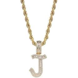 GUCY Gold Plated Initial Pendant Necklace Women/Men Iced Out Baguette Letter Pendant Necklace with 24''Rope Chain