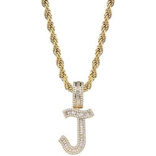 GUCY Gold Plated Initial Pendant Necklace Women/Men Iced Out Baguette Letter Pendant Necklace with 24''Rope Chain