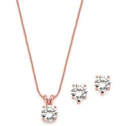 Mariell 14K Rose Gold Cubic Zirconia Jewelry Set - 2cwt Round Pendant with Matching Clip-On Earrings