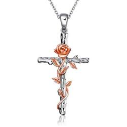 Cross Necklace Sterling Silver Rose Gold Plated Religious Cross Pendant Necklace with Rose Flower Jewelry Gifts (Cross Necklace with Rose)