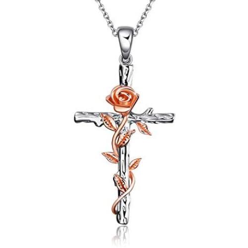 Cross Necklace Sterling Silver Rose Gold Plated Religious Cross Pendant Necklace with Rose Flower Jewelry Gifts (Cross Necklace with Rose)