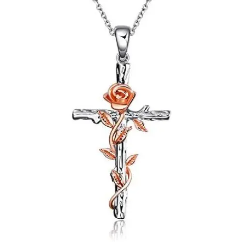 Cross Necklace Sterling Silver Rose Gold Plated Religious Cross Pendant Necklace with Rose Flower Jewelry Gifts (Cross Necklace with Rose)