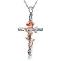 Cross Necklace Sterling Silver Rose Gold Plated Religious Cross Pendant Necklace with Rose Flower Jewelry Gifts (Cross Necklace with Rose)