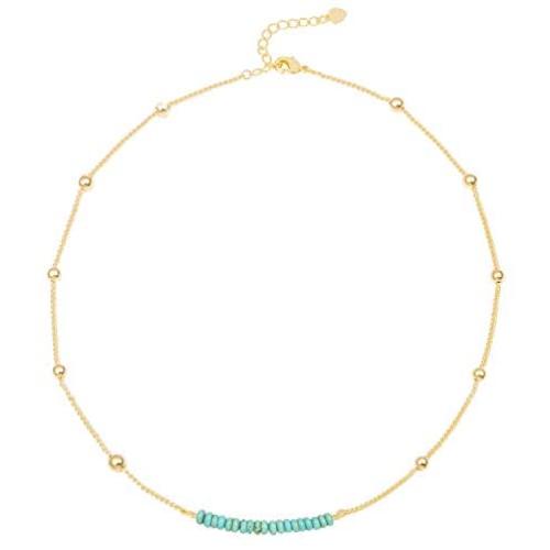 PearlyPearls 18k Gold Chain Choker Dainty Turquoise Beads Bar Necklace for Women Handmade Genstone Jewelry for Mothers Day