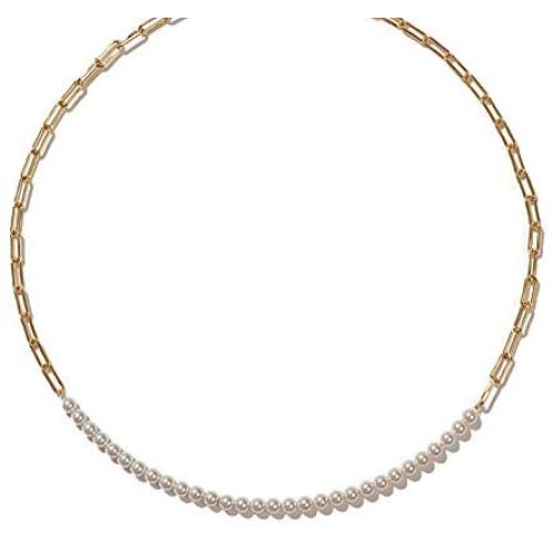 Lem Trend Double Layered Chunky Gold Statement Chain Link Choker Necklaces, Dainty Cultured Barque Pearl Stitching Necklaces Jewelry Valentines Day Birthday Gifts for Woman Girls