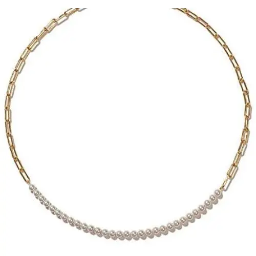 Lem Trend Double Layered Chunky Gold Statement Chain Link Choker Necklaces, Dainty Cultured Barque Pearl Stitching Necklaces Jewelry Valentines Day Birthday Gifts for Woman Girls