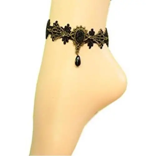 yueton Beautiful Retro Vintage Rhinestone Anklet Chain Foot Sandal Beach Wedding Yoga Dancing Jewelry Lace Ankle Bracelet (Black)