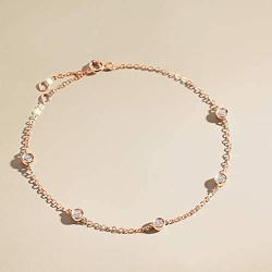 FANCIME 18K Solid Rose Gold Bezel Set Small Tiny Round Brilliant Natural Diamond 0.184 cttw Dainty Bracelet Minimalist Delicate Fine Jewelry for Women Girls, 6.3''+0.58''