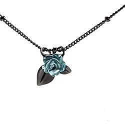 Thaya 925 Sterling Silver Blue Rose Flower Pendant Necklace Blue Crystal Choker Necklace Black Handmade Dainty Pendant Charm Necklace for Girl Jewelry for Summer 