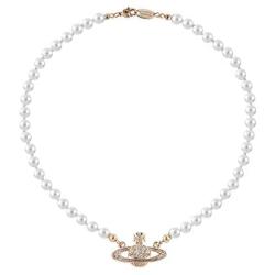 White Pearl Bead Necklaces Crystal Rhinestone Saturn Planet Necklace
