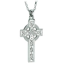 Biddy Murphy Mens Celtic Cross Necklace Sterling Silver Single Sided 24 Inches Chain Made in Ireland