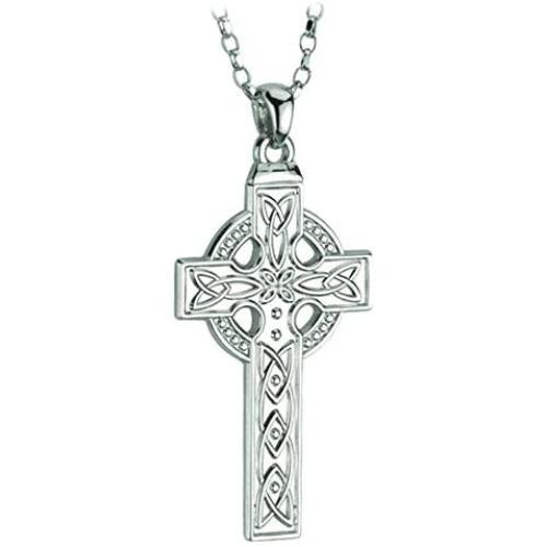 Biddy Murphy Mens Celtic Cross Necklace Sterling Silver Single Sided 24 Inches Chain Made in Ireland