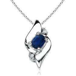 September Birthstone - Shell Style Oval Sapphire and Diamond Pendant Necklace in Silver (4x3mm Blue Sapphire)