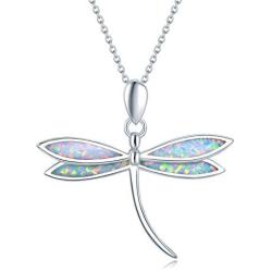 FANCIME October Birthstone White/Yellow Gold Plated Sterling Silver Opal Dragonfly Necklace Long Chain Charm Dainty Pendant Jewelry for Women Girls 16''+2''