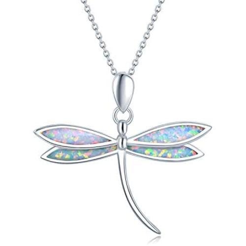 FANCIME October Birthstone White/Yellow Gold Plated Sterling Silver Opal Dragonfly Necklace Long Chain Charm Dainty Pendant Jewelry for Women Girls 16''+2''