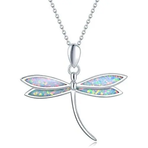 FANCIME October Birthstone White/Yellow Gold Plated Sterling Silver Opal Dragonfly Necklace Long Chain Charm Dainty Pendant Jewelry for Women Girls 16''+2''