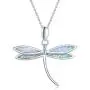 FANCIME October Birthstone White/Yellow Gold Plated Sterling Silver Opal Dragonfly Necklace Long Chain Charm Dainty Pendant Jewelry for Women Girls 16''+2''