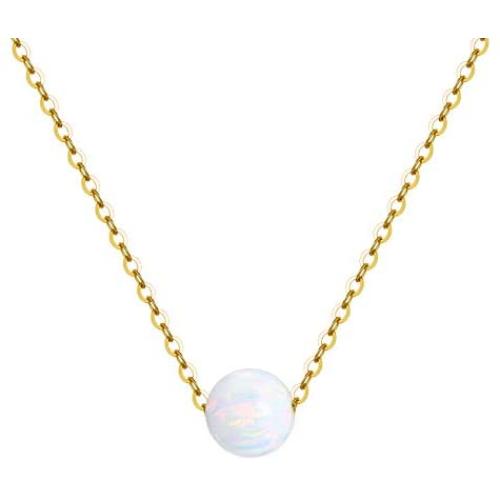 14K Solid Gold Necklace for Women, Yellow Gold Simulated Opal Choker Pendant Necklaces Fine Jewelry Gifts for Mom, Wife, Girls, 16+2 inch