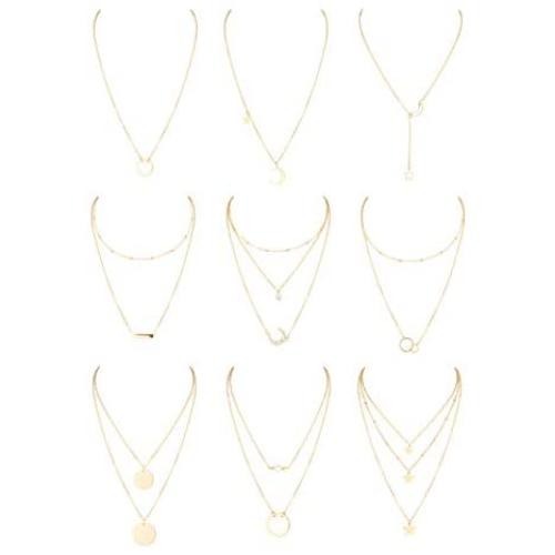 Florideco 9Pcs Multiple Layered Choker Necklace Set for Women Girls Handmade Dainty Chain Necklace Set Moon Star Circle Disco Coin Bar Pendant Chain Y Necklace Gold Jewelry Gift