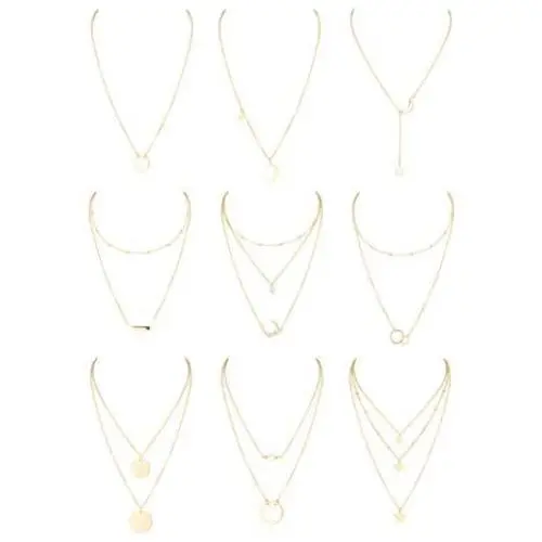 Florideco 9Pcs Multiple Layered Choker Necklace Set for Women Girls Handmade Dainty Chain Necklace Set Moon Star Circle Disco Coin Bar Pendant Chain Y Necklace Gold Jewelry Gift