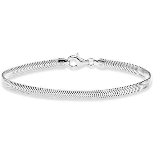Miabella 925 Sterling Silver Italian Solid 4mm Diamond-Cut Flat Snake Dome Herringbone Chain Link Bracelet for Women Men 6.5, 7, 7.5, 8, 8.5 Inch Made in Italy